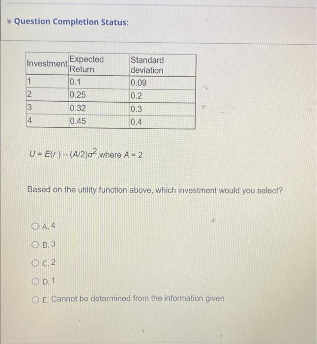 PLEASE ANSWER QUICKLY Question Completion Status: Investment Expected 1 Return 0.1 0.25