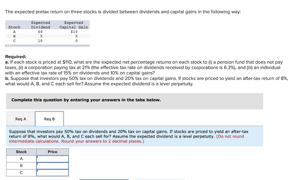 and capital gains in the following way: Stock A B Expected Dividend
