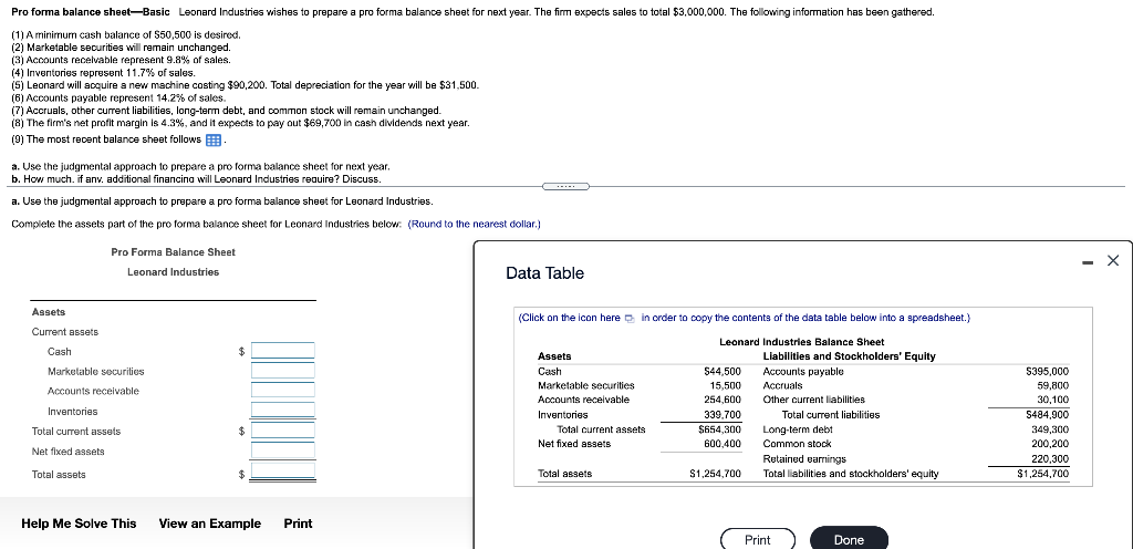 Pro forma balance sheet-Basic Leonard Industries wishes to prepare a pro