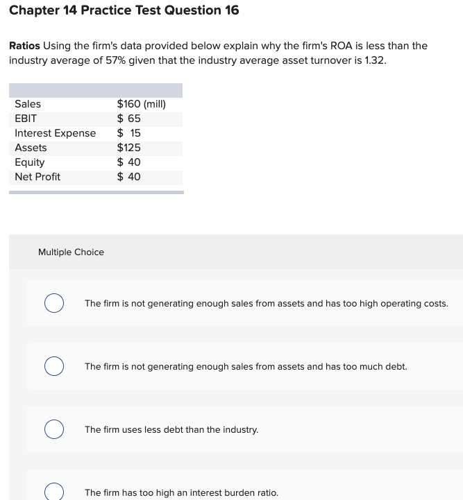 Chapter 14 Practice Test Question 16 Ratios Using the firm's data