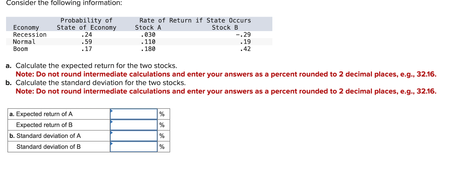  Consider the following information: a. Calculate the expected return for the