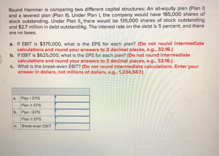  Round Hammer is comparing two different capital structures: An all-equity plan