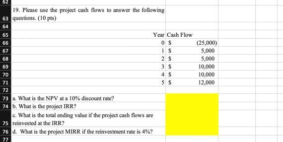  62 19. Please use the project cash flows to answer the