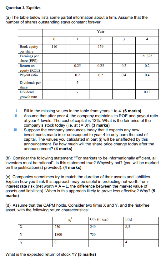  Please answer only c) and d) Question 2. Equities (a) The