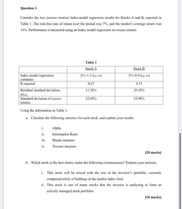  Question 3 Consider the two (excess returns) index-model regression results for