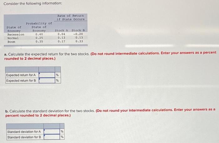  Consider the following information: a. Calculate the expected return for the