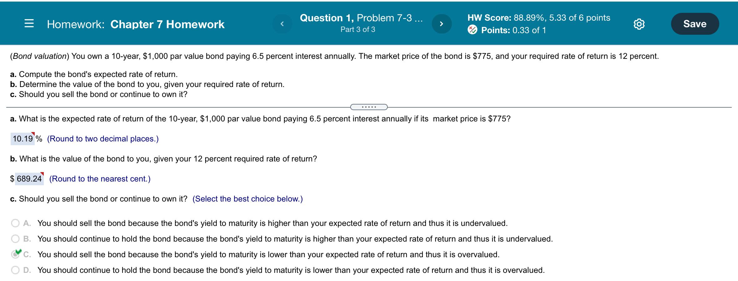  = Homework: Chapter 7 Homework Question 1, Problem 7-3 ... Part