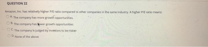  QUESTION 22 Amazon, Inc. has relatively higher P/E ratio compared to