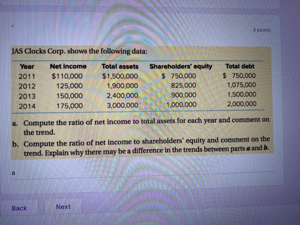  4 points JAS Clocks Corp. shows the following data: Year 2011