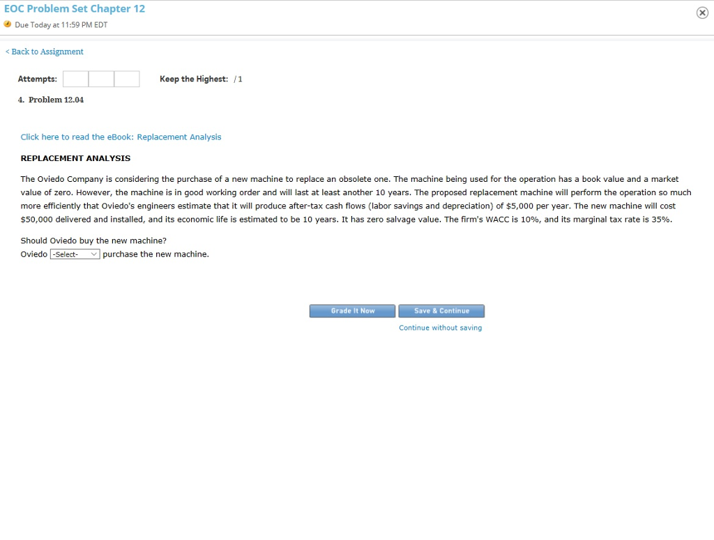  EOC Problem Set Chapter 12 Due Today at 11:59 PM EDT