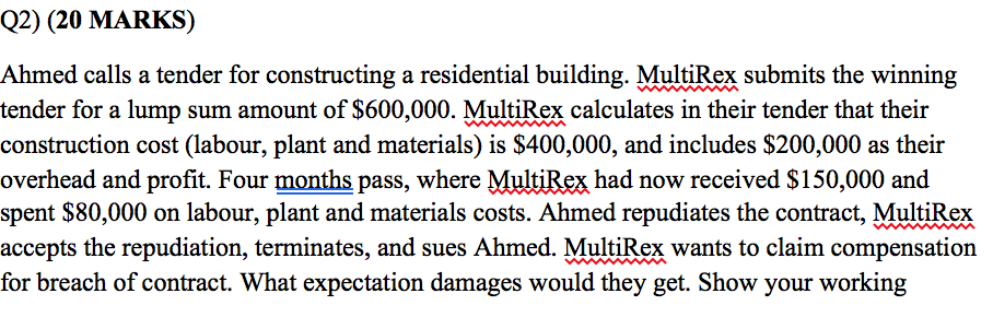 Q2) (20 MARKS) Ahmed calls a tender for constructing a residential