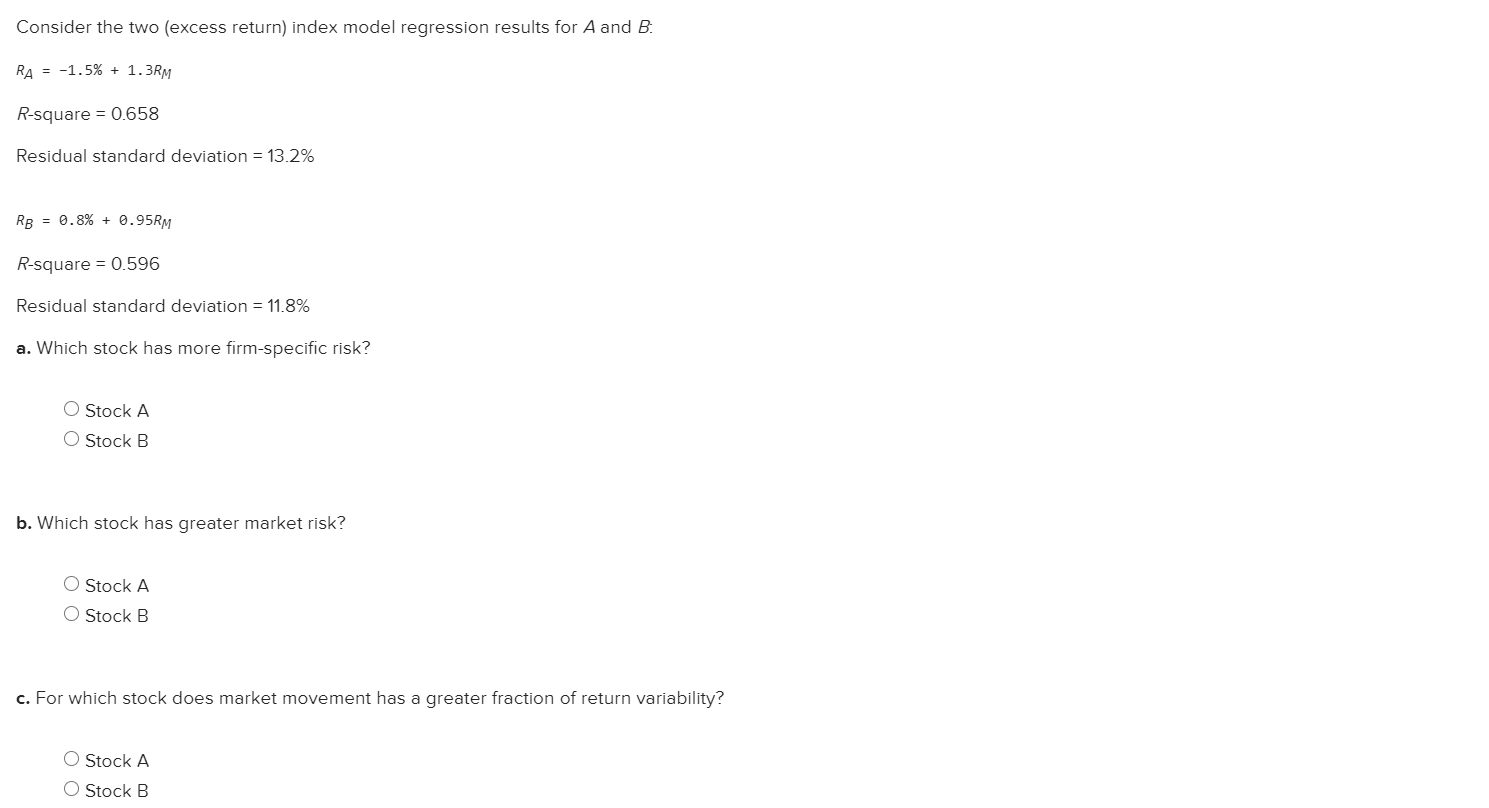 Consider the two (excess return) index model regression results for A