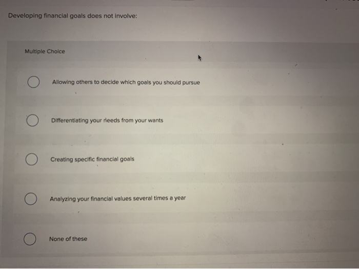  Developing financial goals does not involve: Multiple Choice Allowing others to
