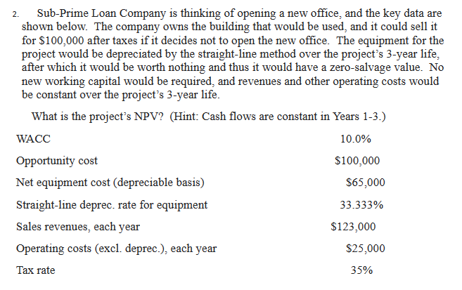  Please solve using Excel and show the formulas used 2. Sub-Prime