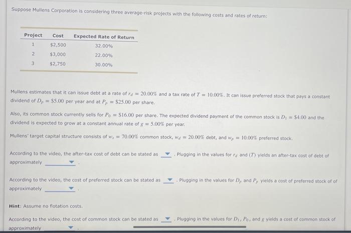 please answer everything. it is all one question. Suppose Mullens Corporation is