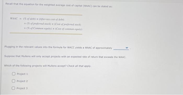 considering three average-risk projects with the following costs and rates of return;