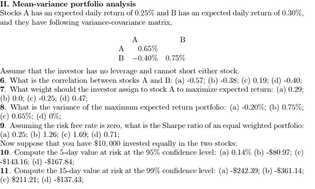 Only answer question #9-11 please II. Mean-variance portfolio analysis Stocks A