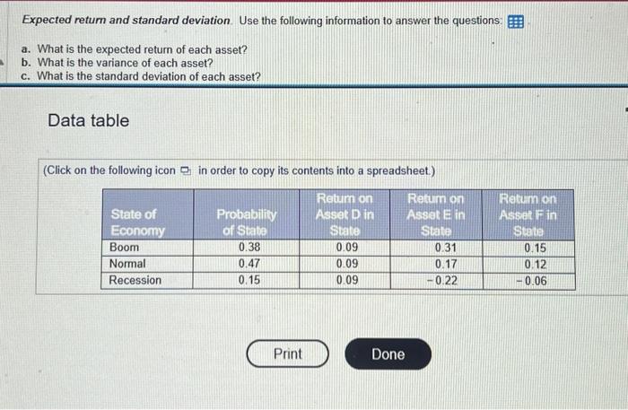  Expected return and standard deviation. Use the following information to answer