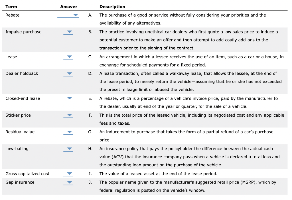  Term Answer Rebate A. Impulse purchase B. Lease C. Description The