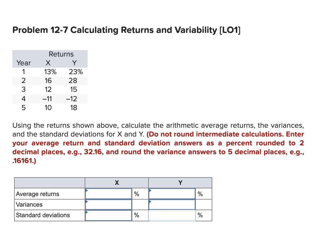  Problem 12-7 Calculating Returns and Variability (LO1] Year 28 Nmt Returns