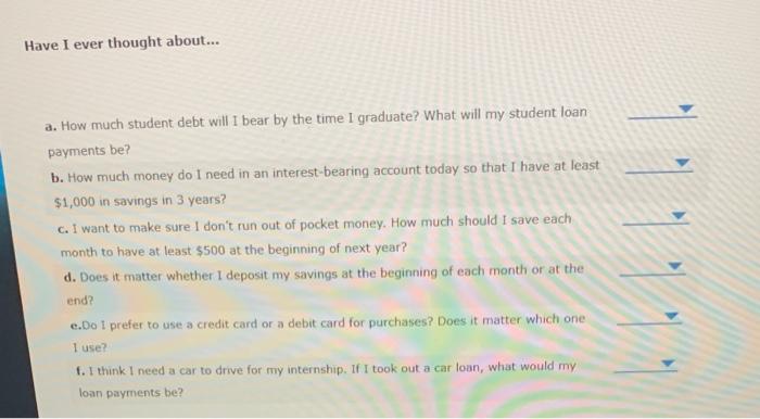  Have I ever thought about... a. How much student debt will