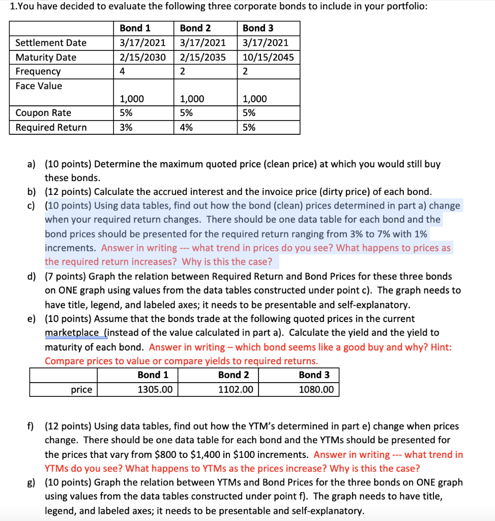 Answer on excel, please. 1. You have decided to evaluate the following