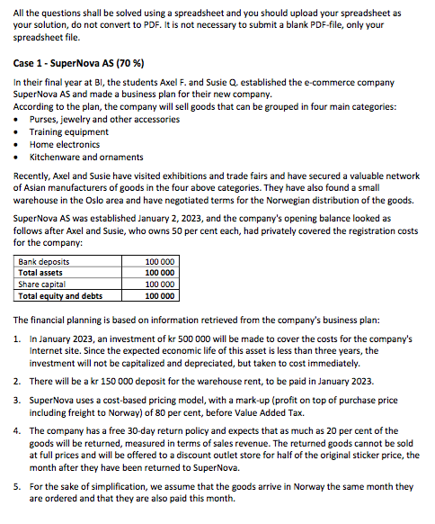  All the questions shall be solved using a spreadsheet and you