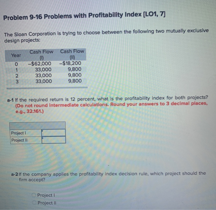  Problem 9-16 Problems with Profitability Index (LO1, 7 The Sloan Corporation