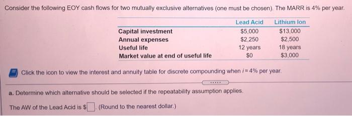 applies The AW of the Lead Acid is $ - 3,033 (Round