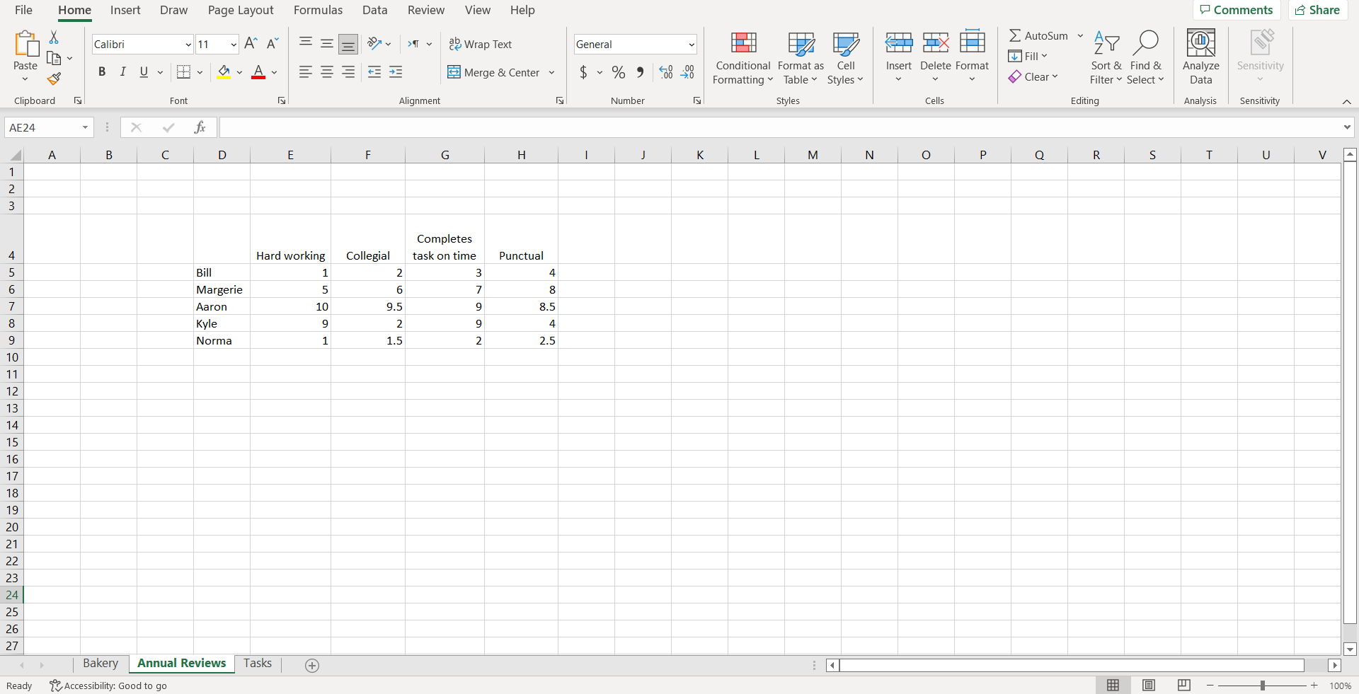 is a bakery in Arlington. The Bakery worksheet shows a summary of