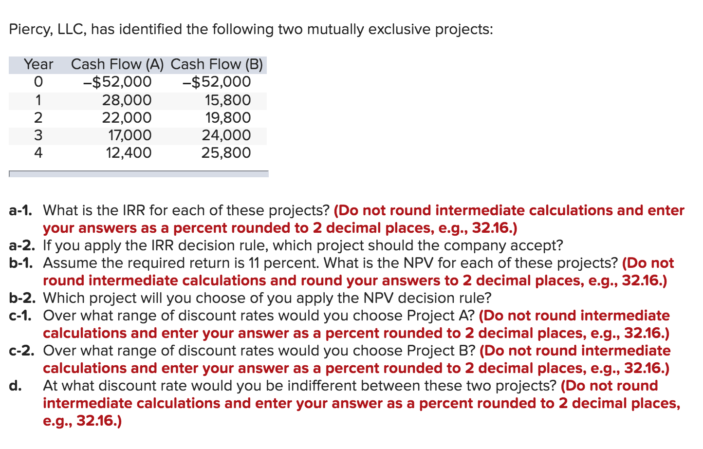  Piercy, LLC, has identified the following two mutually exclusive projects: Year