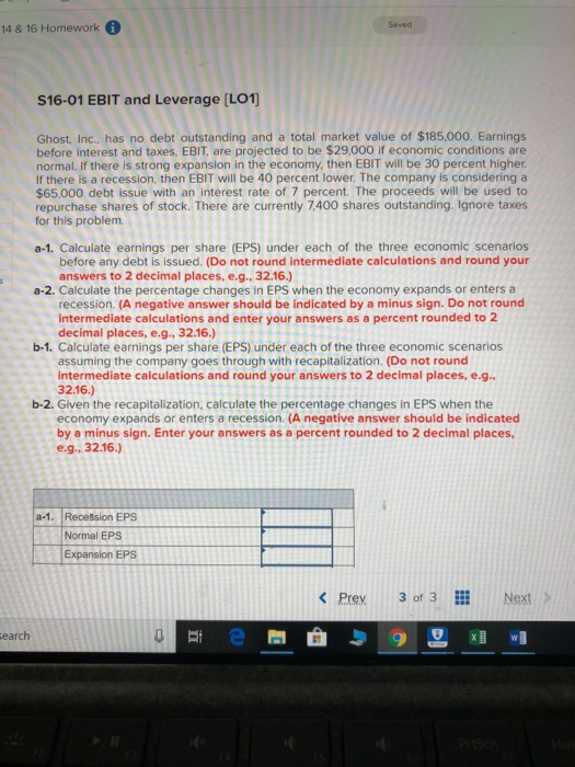  14 & 16 Homework S16-01 EBIT and Leverage [L01 Ghost, Inc.,