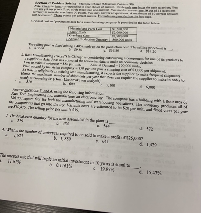  Section I: Problem Solving- Multiple Choice (Maximum Points-30) Note: Circle the