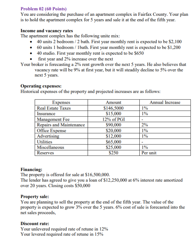 solve using the excel Problem 02 (60 Points) You are considering