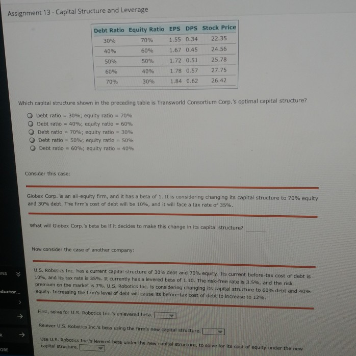 Assignment 13 - Capital Structure and Leverage Debt Ratio Equity Ratio