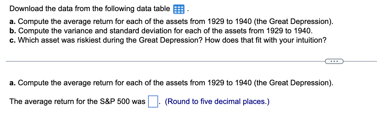  Download the data from the following data table a. Compute the