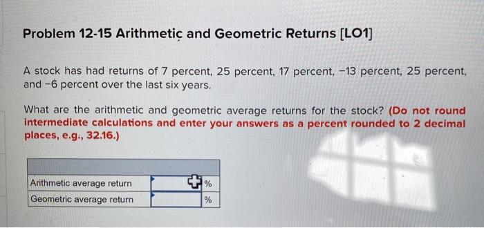  Problem 12-15 Arithmetic and Geometric Returns (LOI) A stock has had