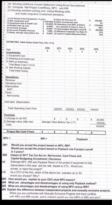 (a) Develop proforma Income Statement Using Excel Spreadsheet (b) Compute Not