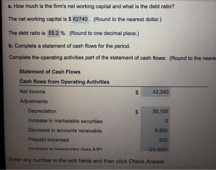 working capital and what is the debt ratio? b. Complete a statement