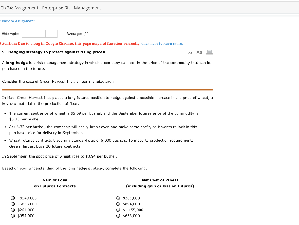 Ch 24: Assignment - Enterprise Risk Management Back to Assignment Attempts: