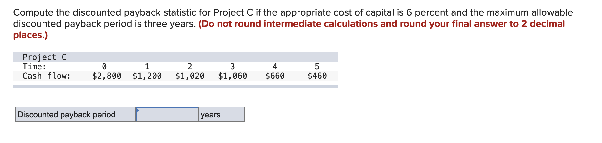 Compute the discounted payback statistic for Project C if the appropriate