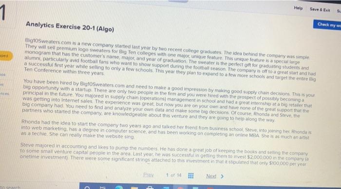  Help 1 Save & ER 5 Analytics Exercise 20-1 (Algo) Check