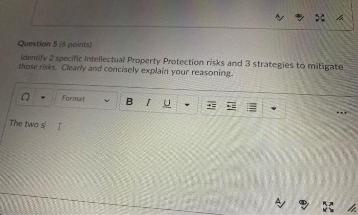  A Question 5 (6 points) Identify 2 specific Intellectual Property Protection