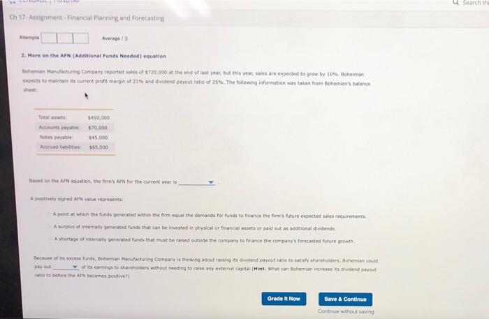 v u Search the Ch 17. Assignment. Prancial Planning and Forecasting Am
