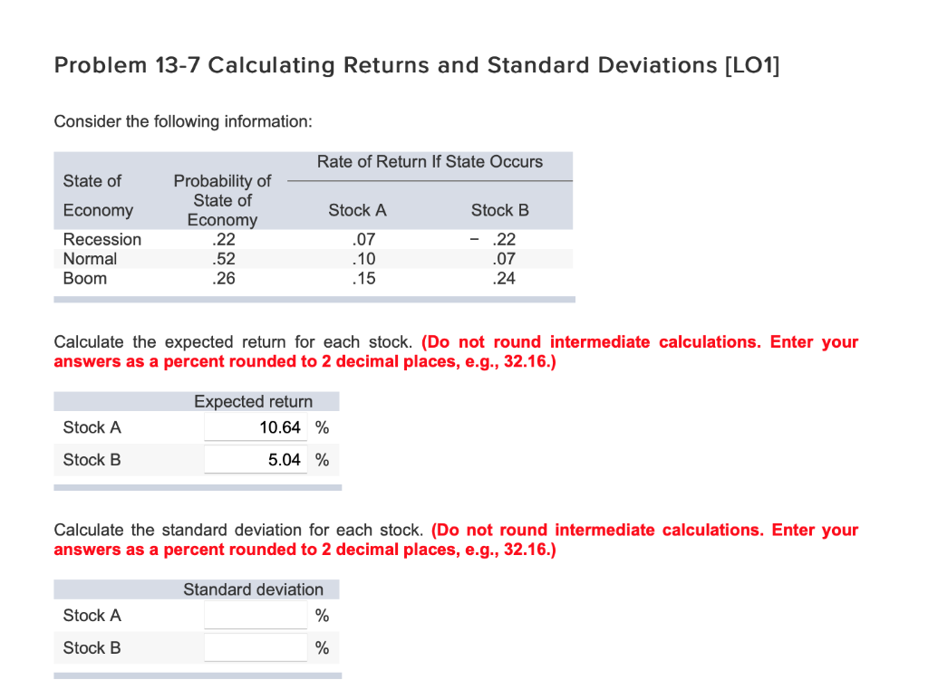 Standard Deviation for Stock A & B? Problem 13-7 Calculating Returns and