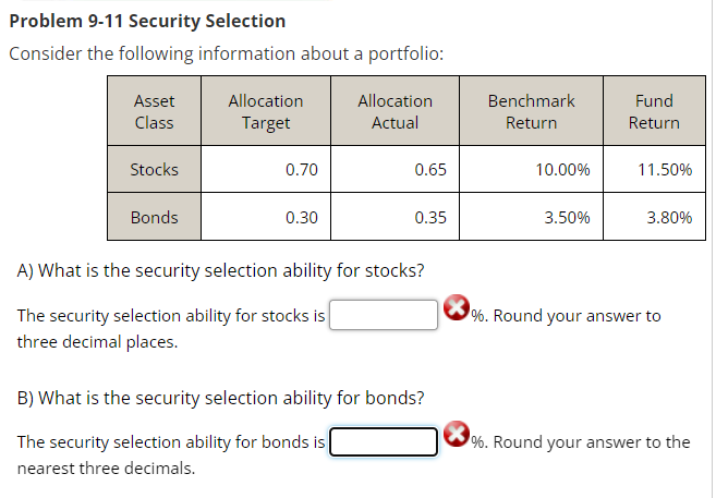 Problem 9-11 Security Selection Consider the following information about a portfolio: