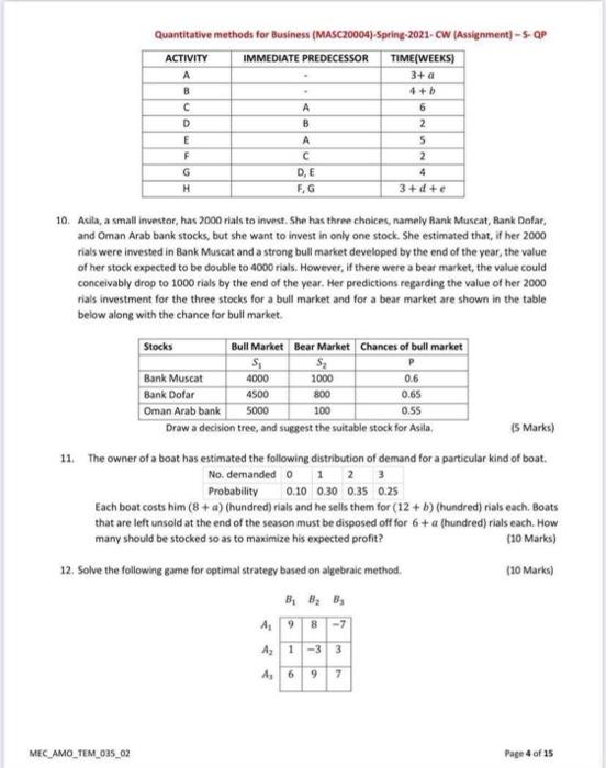  Quantitative methods for Business (MASC20004)-Spring-2021-CW (Assignment) --- OP IMMEDIATE PREDECESSOR TIME(WEEKS)