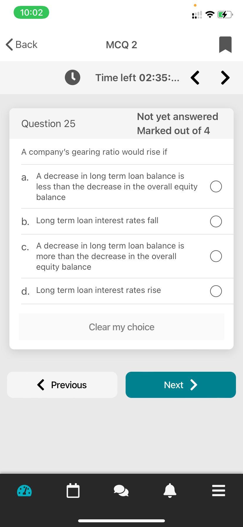 10:02 Back MCQ 2 1 Time left 02:35:... Question 25 Not