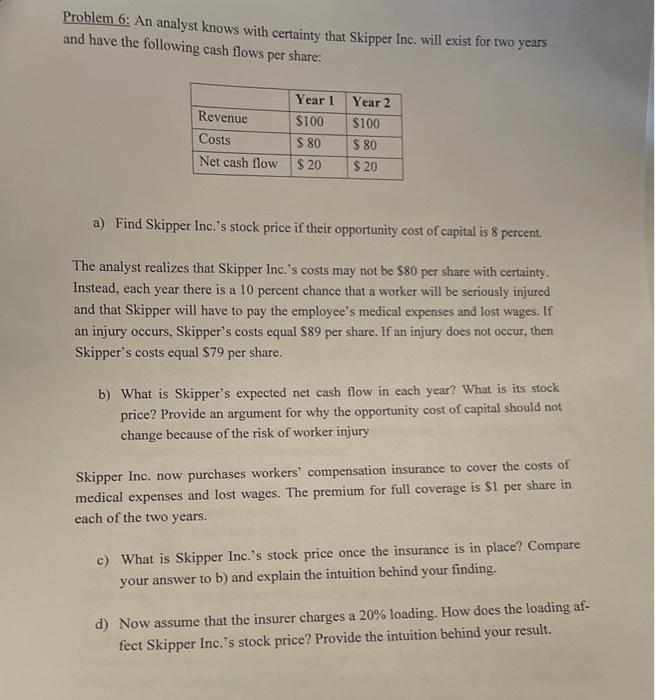  Problem 6: An analyst knows with certainty that Skipper Inc. will