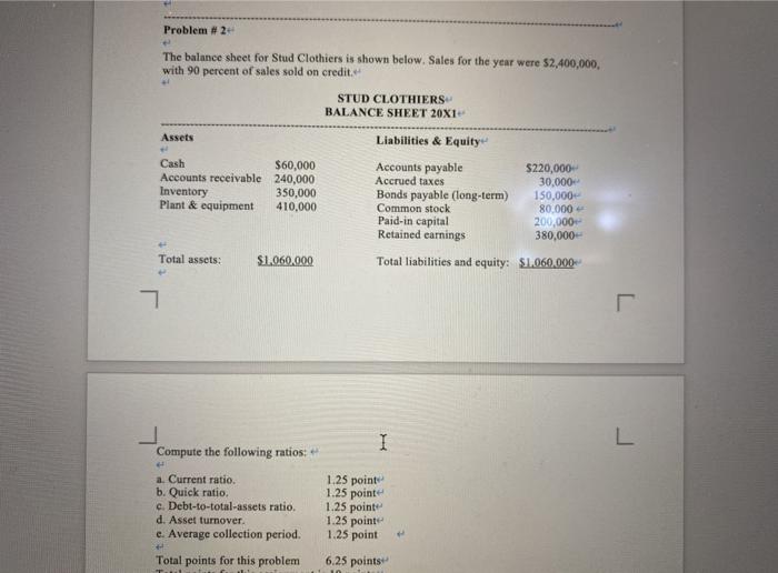  Problem #2 The balance sheet for Stud Clothiers is shown below.